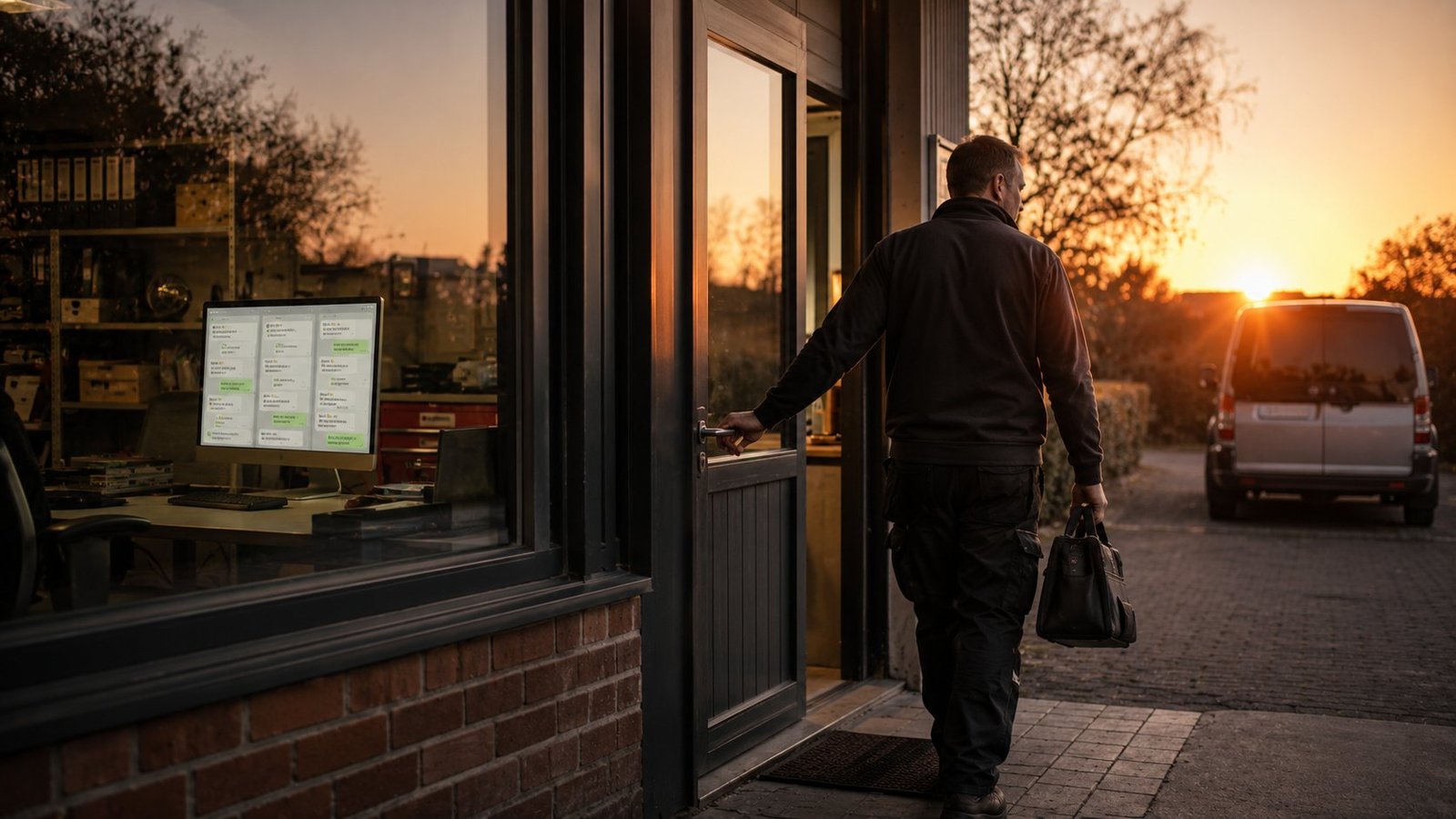 Handwerker verlässt bei Sonnenuntergang die Werkstatt, während im Hintergrund der digitale Mitarbeiter weiterarbeitet