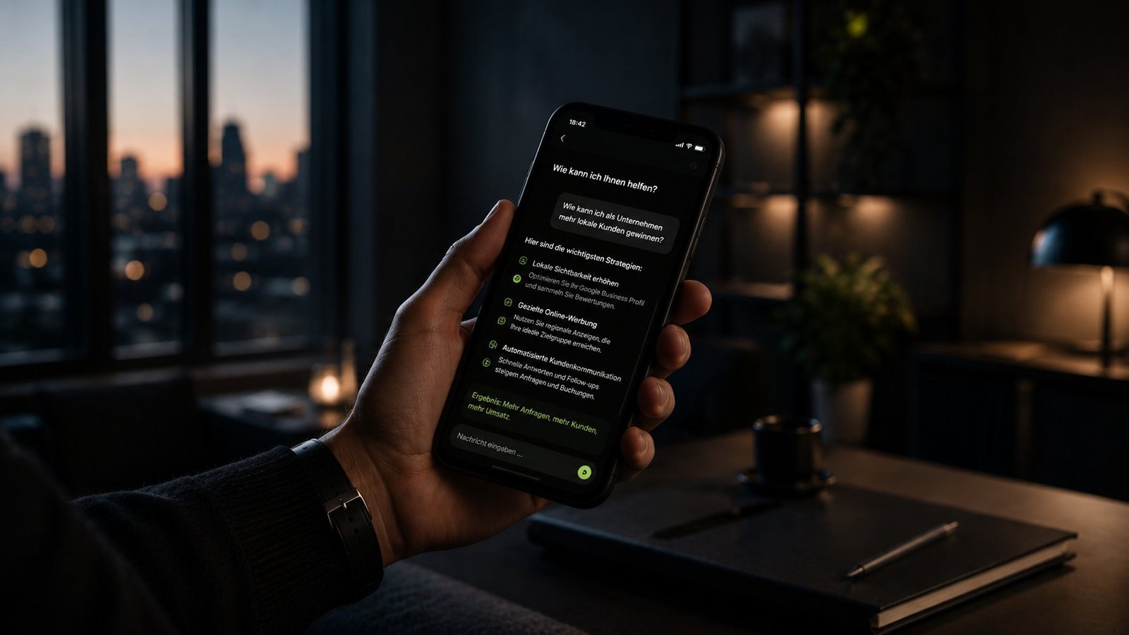 Hand hält ein Smartphone mit einer KI-Antwort auf eine Kundenfrage