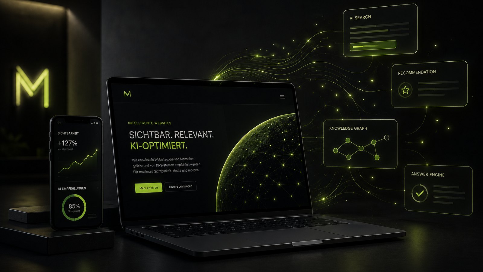 Dunkles Mockup einer KI-optimierten Webseite auf Laptop und Smartphone mit AI-Search-, Knowledge-Graph- und Answer-Engine-Karten
