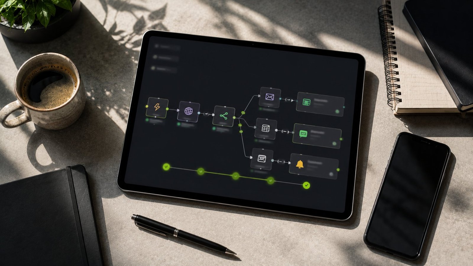 Tablet mit einem automatisierten Workflow-Diagramm auf einem Schreibtisch