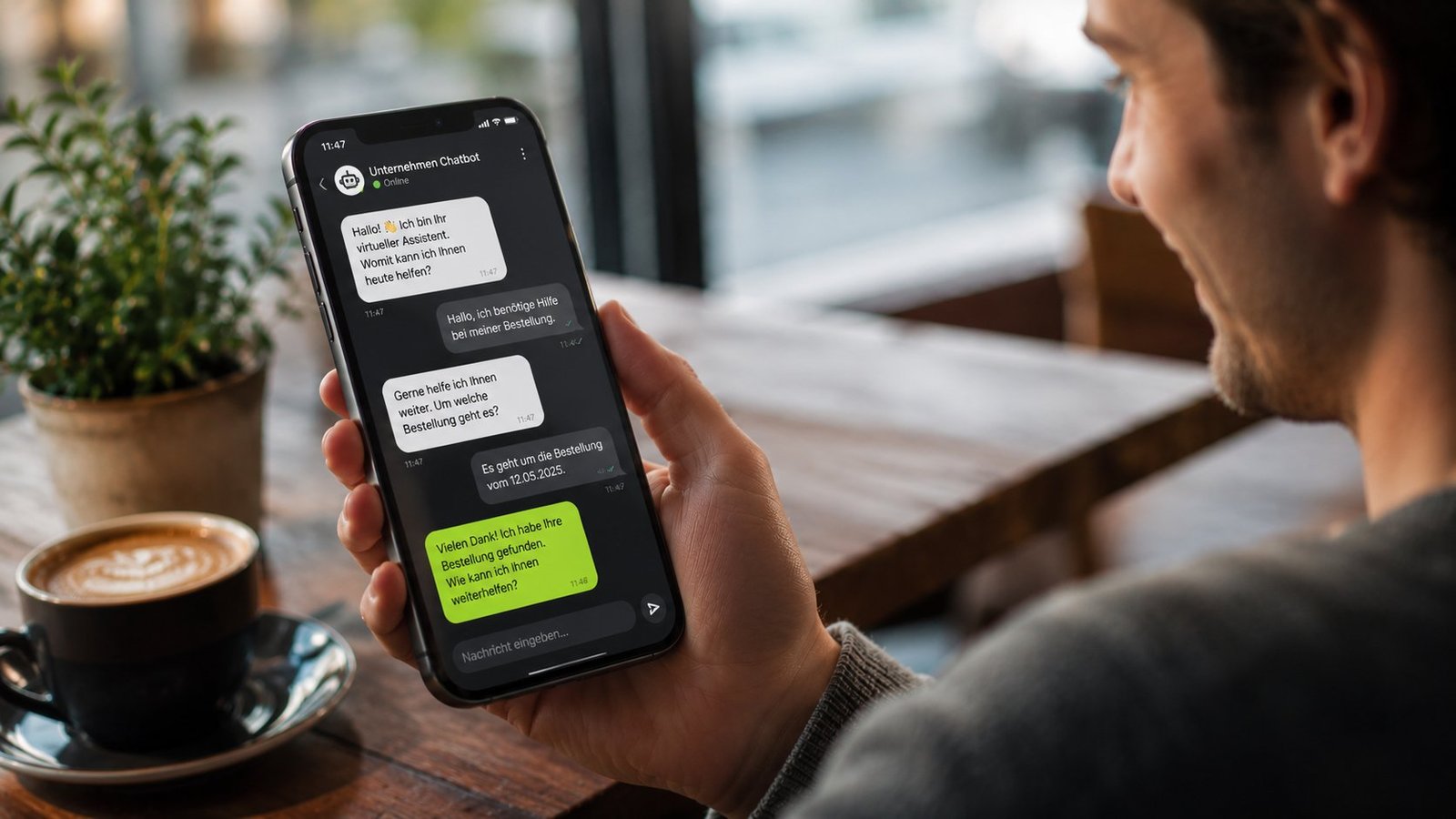 Mann im Café liest einen hilfreichen Chatverlauf mit einem Unternehmens-Chatbot auf dem Smartphone