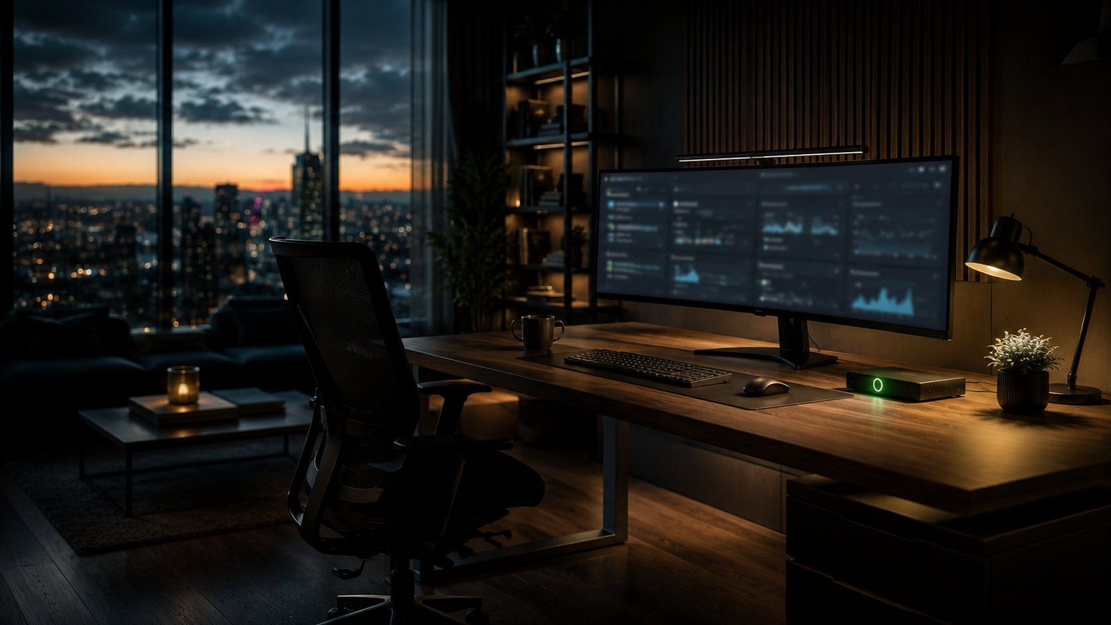 Aufgeräumter Schreibtisch mit Monitor und individuellem Dashboard im dunklen Büro