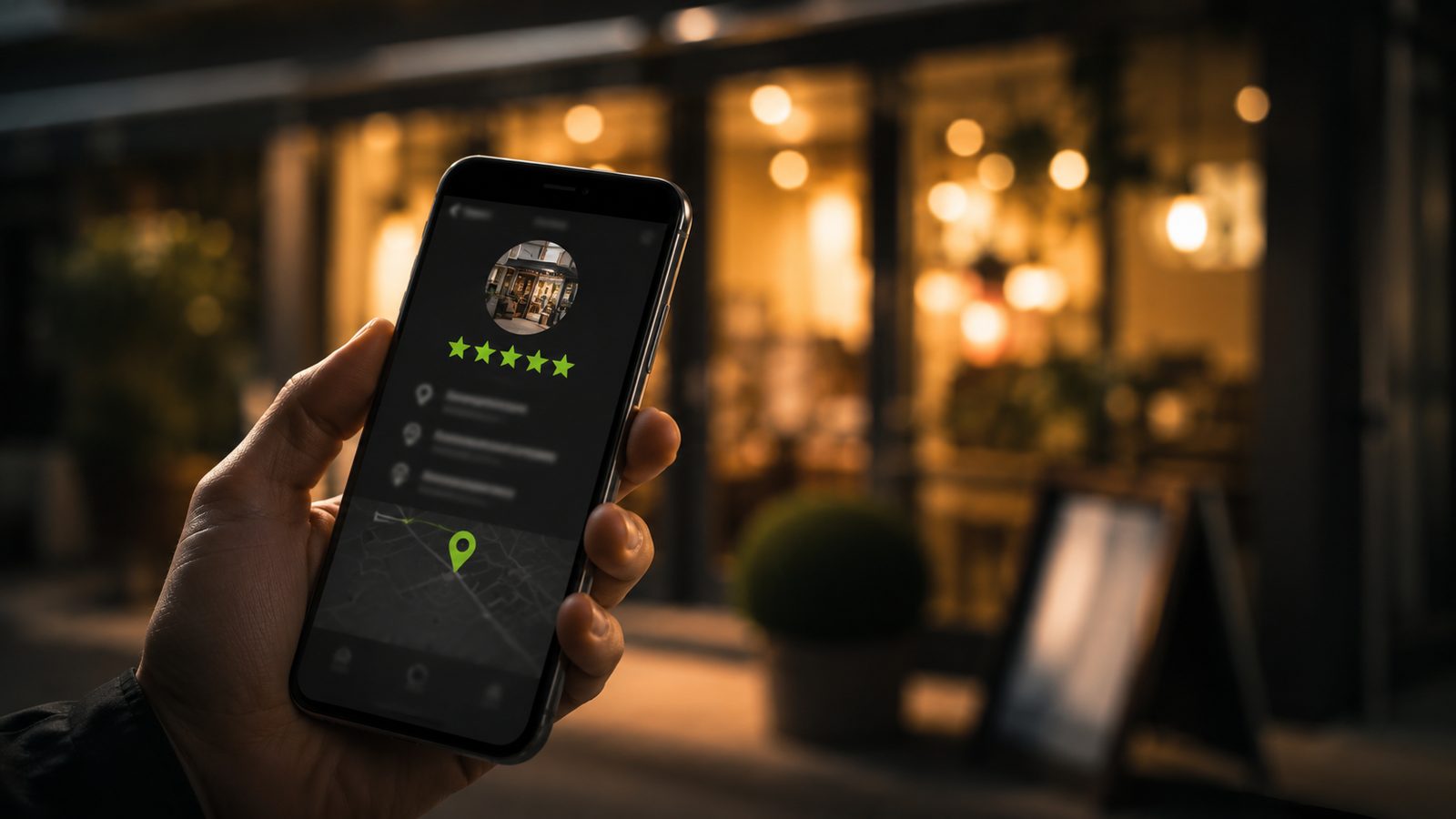 Karten-Pin und lokaler Eintrag mit Fünf-Sterne-Bewertung auf einem Smartphone, dunkler Hintergrund mit grünem Lichtakzent — Google Business Profil optimieren