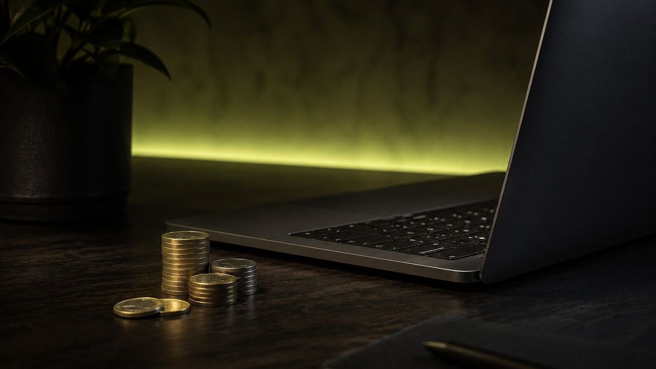 Laptop auf dunklem Schreibtisch, auf dem eine moderne Webseite entsteht — Mehrkunden 26