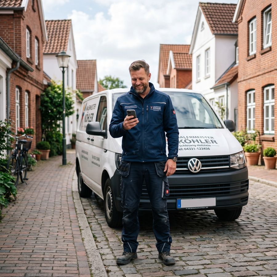 Handwerksbetrieb mit beschriftetem Fahrzeug — Beispiel für eine Webseite, die online gefunden wird