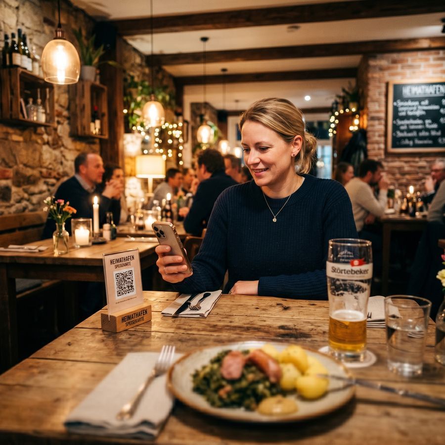 Gast mit digitaler Speisekarte im Restaurant — Beispiel für eine Gastro-Webseite