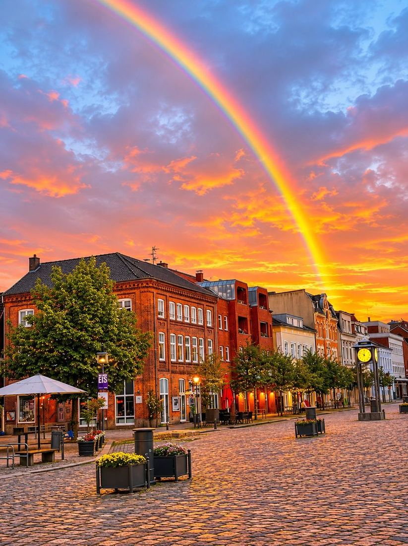 Marktplatz von Preetz bei Sonnenuntergang mit Regenbogen über den Backsteinhäusern — Heimatstadt von Mehrkunden 26