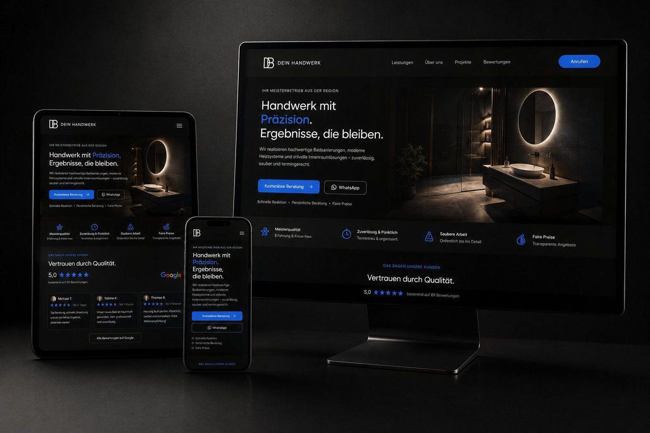 Premium-Webseite für Handwerksbetriebe — responsive auf Desktop, Tablet und Smartphone
