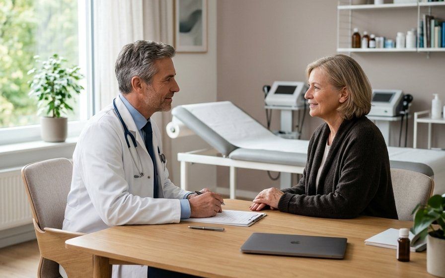 Ärztin im Gespräch mit einer Patientin in einer hellen Praxis — Beispiel für eine Praxis-Webseite