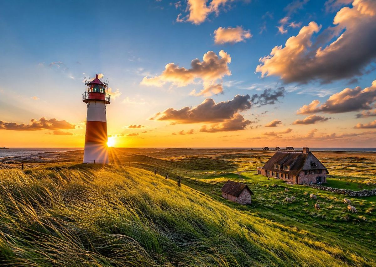 Schleswig-Holstein bei Sonnenuntergang — Leuchtturm und reetgedecktes Haus auf Sylt, Webdesign von Mehrkunden 26 für die ganze Region