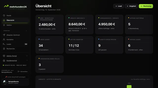 Bildschirmfoto unseres Firmen-Cockpits mit Beispieldaten