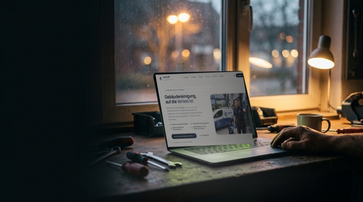 Laptop auf der Werkbank, darauf der Entwurf der fertigen Kundenwebseite