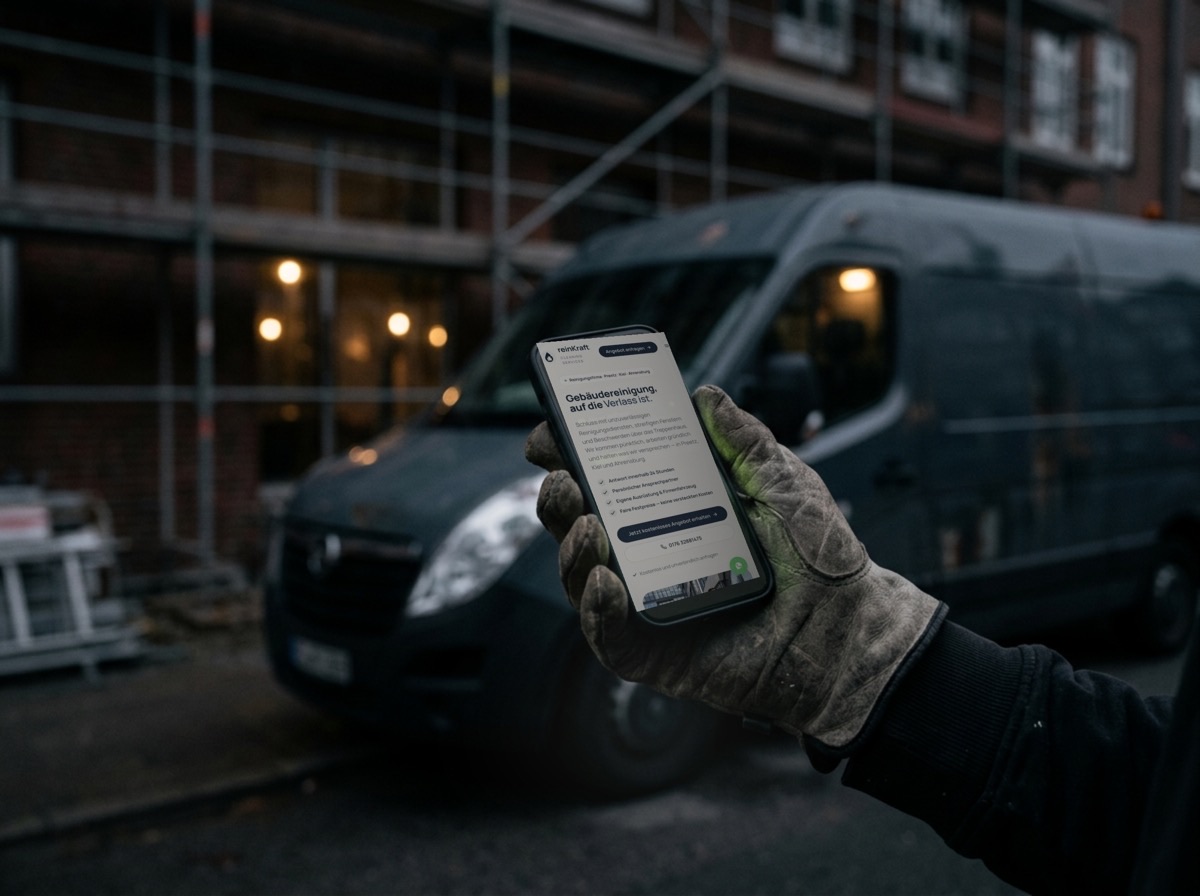 Handwerker auf der Baustelle hält sein Handy mit der fertigen Kundenwebseite in der Hand