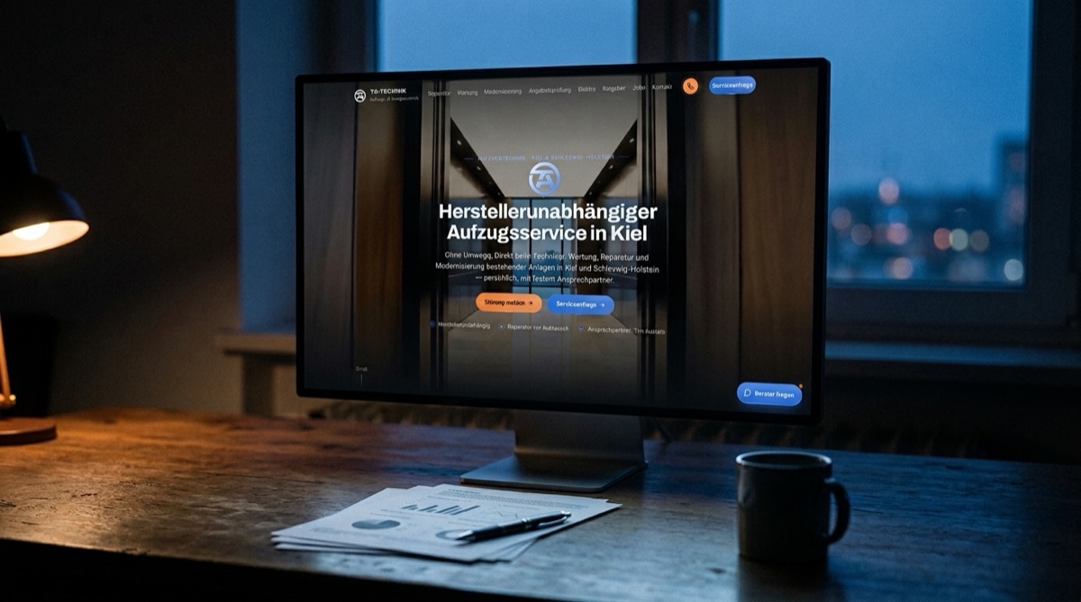 Monitor auf einem Schreibtisch zeigt die Webseite eines Aufzugsservice mit klarer Leistung und Region, davor ein ausgedrucktes Blatt