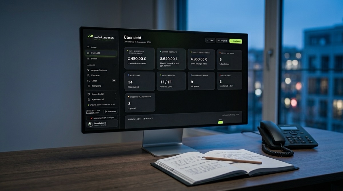 Monitor mit der &Uuml;bersicht des Firmen-Cockpits, daneben ein aufgeschlagener Terminkalender und ein Tischtelefon