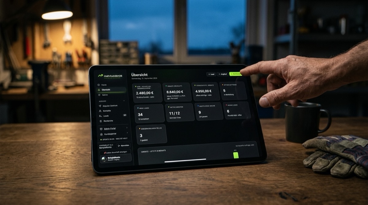 Hand auf der Werkbank tippt die Freigabe im Firmen-Cockpit auf einem Tablet an