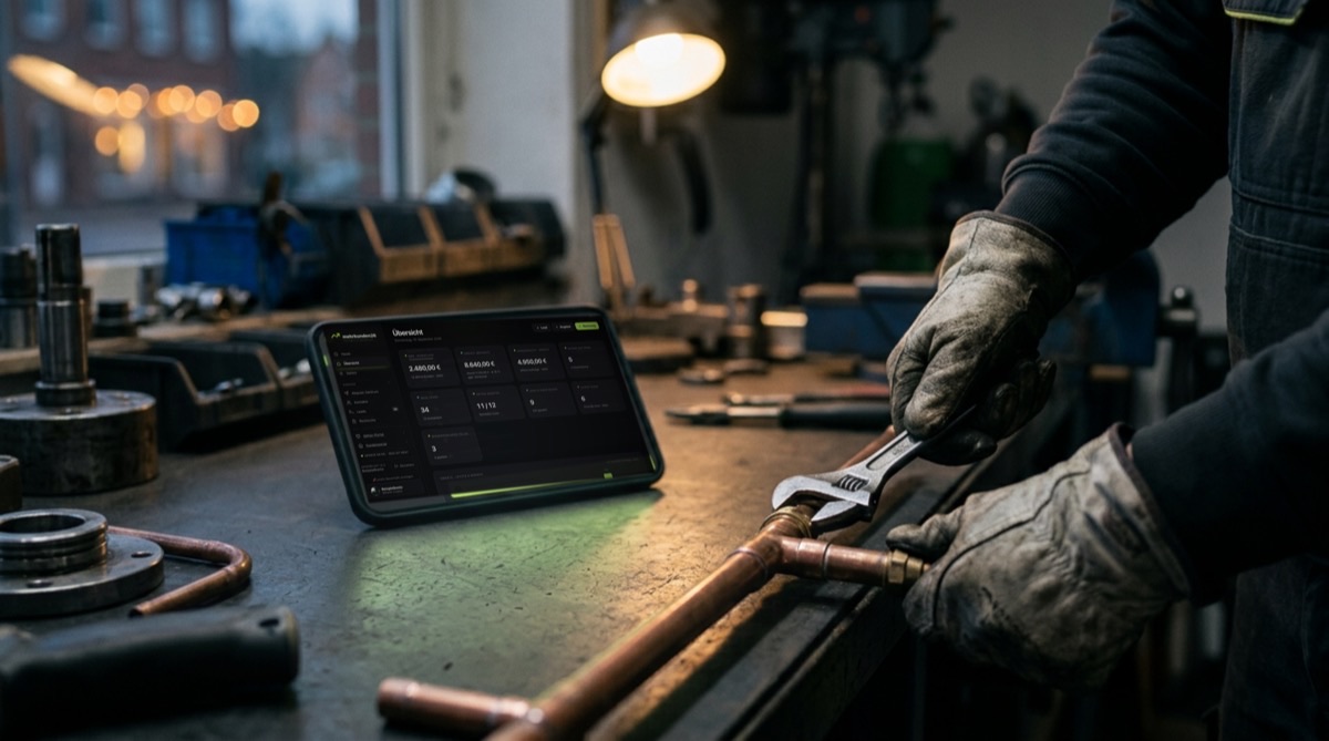 Tablet auf der Werkbank zeigt die eingegangenen Anfragen im Firmen-Cockpit, w&auml;hrend daneben gearbeitet wird