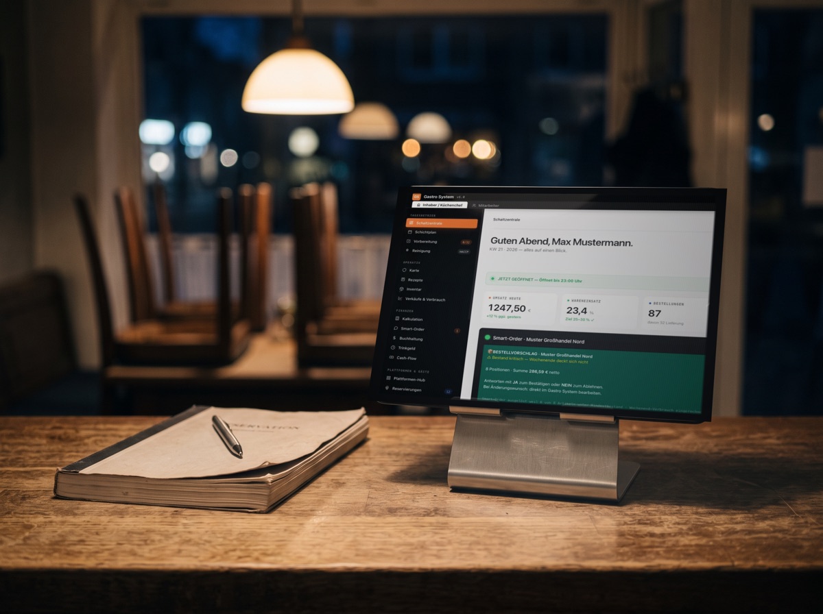 Tablet auf dem Tresen eines Restaurants nach dem Service, darauf die Schaltzentrale des Gastro Systems