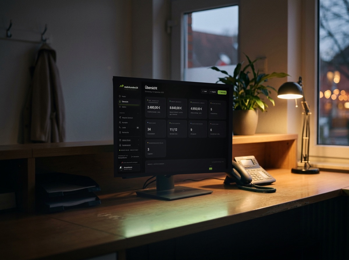 Monitor am Empfangstresen einer Praxis am Abend, darauf die Übersicht des Firmen-Cockpits