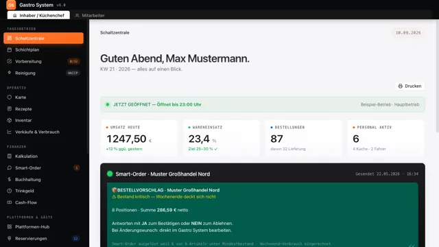 Bildschirmfoto des Gastro Systems mit Beispieldaten