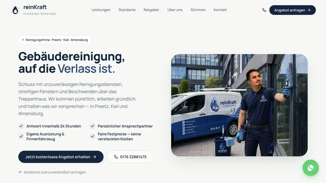 ReinKraft-Webseite mit Angebotsanfrage und direktem Telefonkontakt
