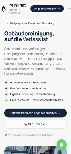 Mobile ReinKraft-Webseite mit Angebot- und Anrufen-Button